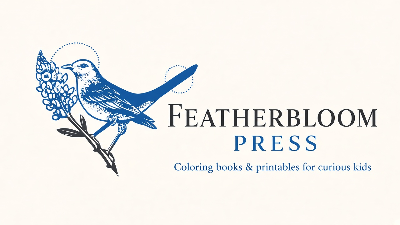 Featherbloom Press banner — Coloring books and printables for curious kids, ink-blue mockingbird and bluebonnet brand art