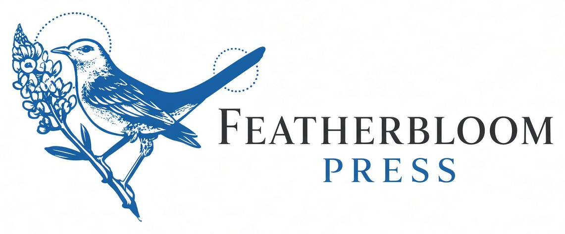 Featherbloom Press logo — ink-blue mockingbird and bluebonnet wordmark